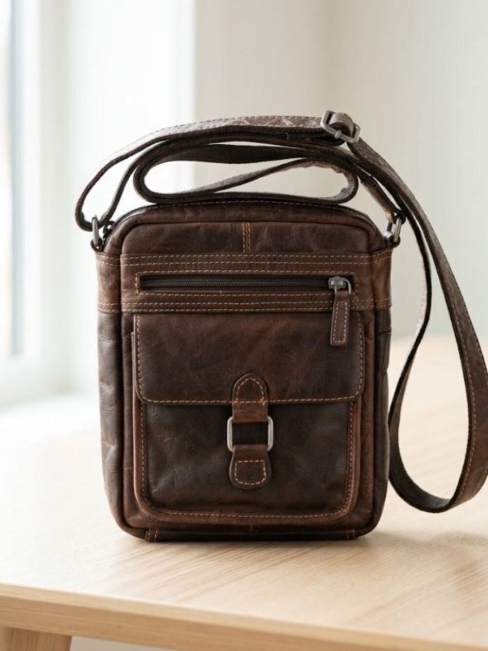 Jack Georges Classic Brown Leather Crossbody Bag for Men